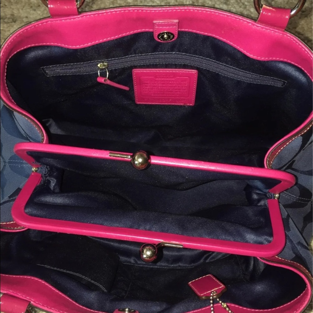 Coach Navy Signature Tote with Hot Pink Trim - Picture 10 of 16